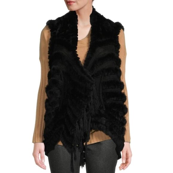 Belle Fare Black Rex Rabbit Fur Knitted Wool Fringe Vest - Picture 1 of 7